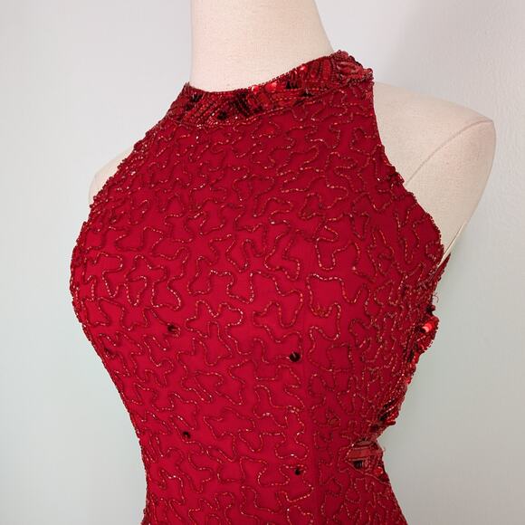 Vintage Cache Prom Dress Maxi Gown Red XS Glam Silk Bead 90s Y2K Pageant Classic - Picture 5 of 16
